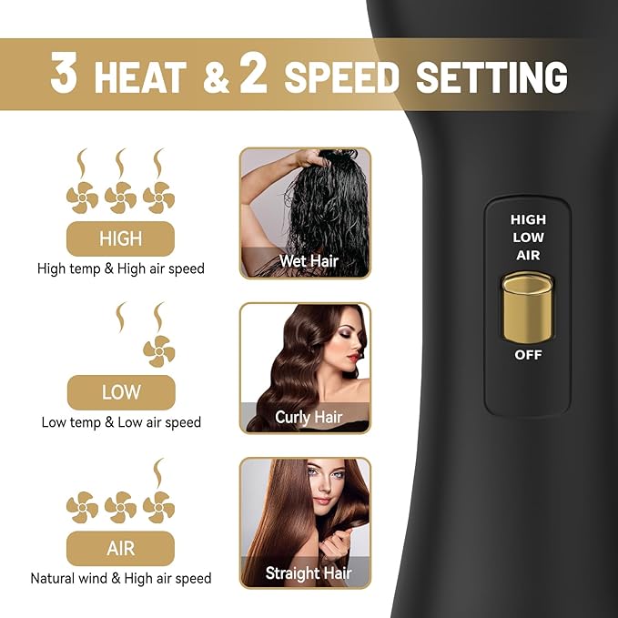 4-IN-1Hot Air Brush, 1000W Hair Dryer Brush Blow Dryer Brush, One-Step Volumizer Hair Dryer and Styler, 3 Speeds Temp, Hot Air Styler Black