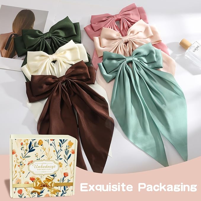 6 PCS Hair Bows for Women, Big Bow Hair Clips for Girls, Silky Satin Hair Bow Clips Oversized, Large Cute Aesthetic Hair Accessories Gifts Holiday Green Color