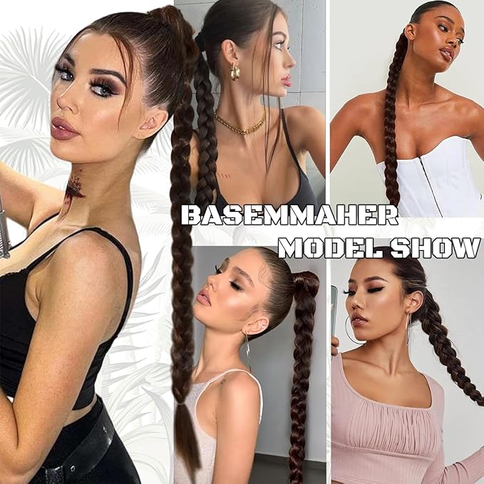2Pcs Braided Ponytail Extensions with Hair Ties Soft Synthetic Hair Pieces Straight Wrap Around Hair Extensions Pony Tail Hairpieces Accessories for Women Daily Wear 16 Inch (Dark Brown)