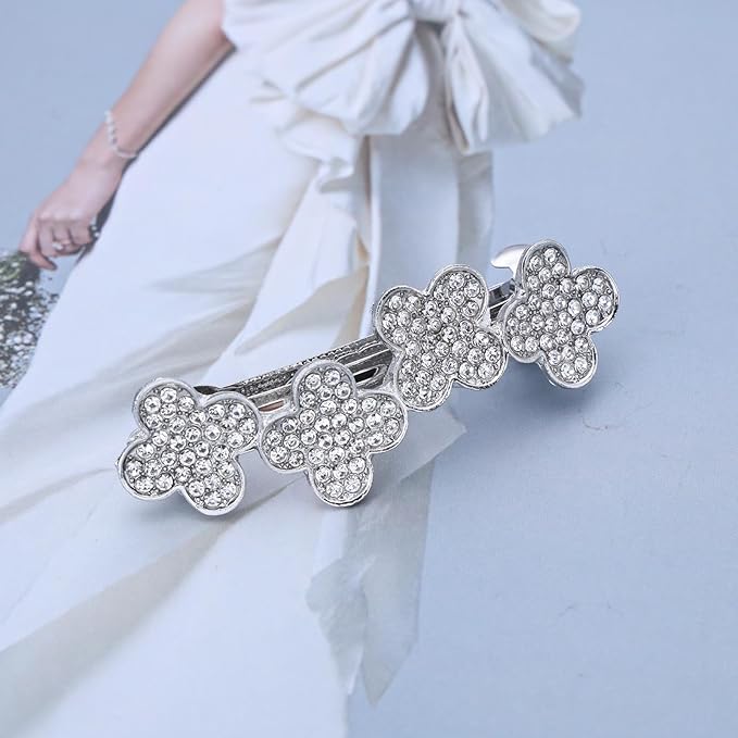 Boho Rhinestone Flower Hair Clip Crystal Floral Cluster Hairpin Barrette Silver Four-leaf Clover Non-Slip Geometric Hair Barrettes Wedding Headpiece Hair Styling Accessories for Women Girls