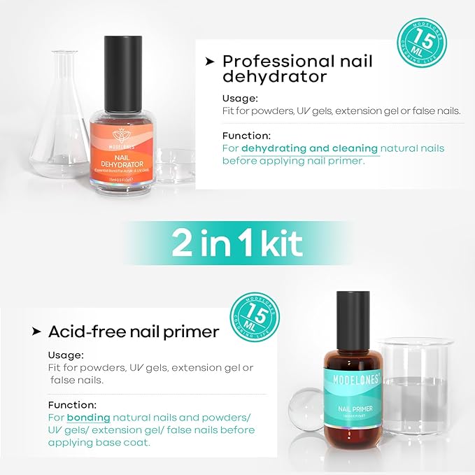 Modelones 4Pcs Nail Dehydrator and Primer, Acid Free Natural Nail Prep Dehydrate & Bond Primer, Bonding Primer for Acrylic Powder Nail Supplies