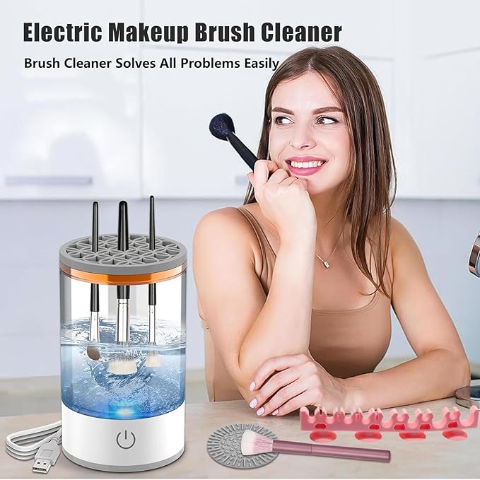 Makeup Brush Cleaner Machine, Portable Electric Makeup Brush Cleaner, Efficient Deep Cleaning Makeup Brushes, Automatic Spinning Make Up Brush Cleaner Fit for All Size Cosmetic Brush (White)