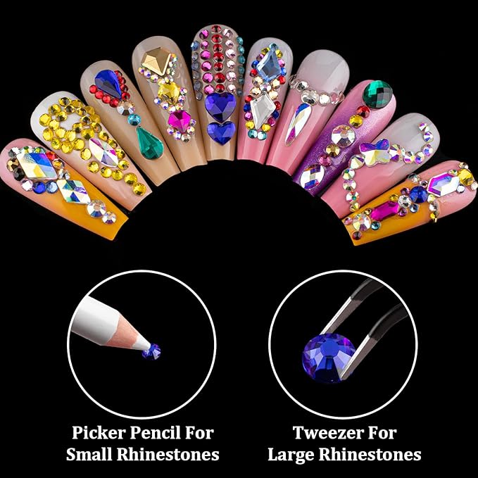 4 Mixed Colors Flatback Round Rhinestones Kit #9, Multi Size Glass Crystals Bead with Pickup Pencil and Tweezer for Nail Art