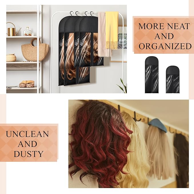 14 Pcs Extra Long Hair Extension Storage Bag with Hanger, Two Sizes for Multiple Wigs, Dust Proof Hanger for Hair Extensions, Accessories, Black