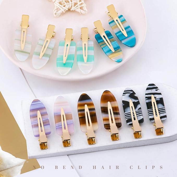 No Crease Creaseless No Bend Hair Clips For Styling Non Slip Flat Clips For Makeup Hair Accessories For Women,Blue Khaki 12PCS