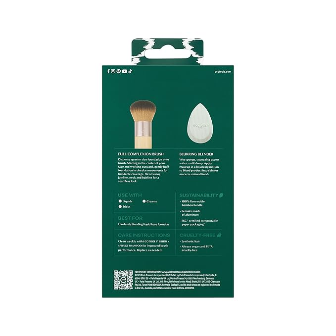 EcoTools Blend + Blur Makeup Brush and Sponge Duo, Makeup Blender Sponge & Foundation Brush, For Liquid & Cream Makeup, Cloud Skin, Eco Friendly, Latex-Free, Cruelty Free, & Vegan, 2 Piece Set