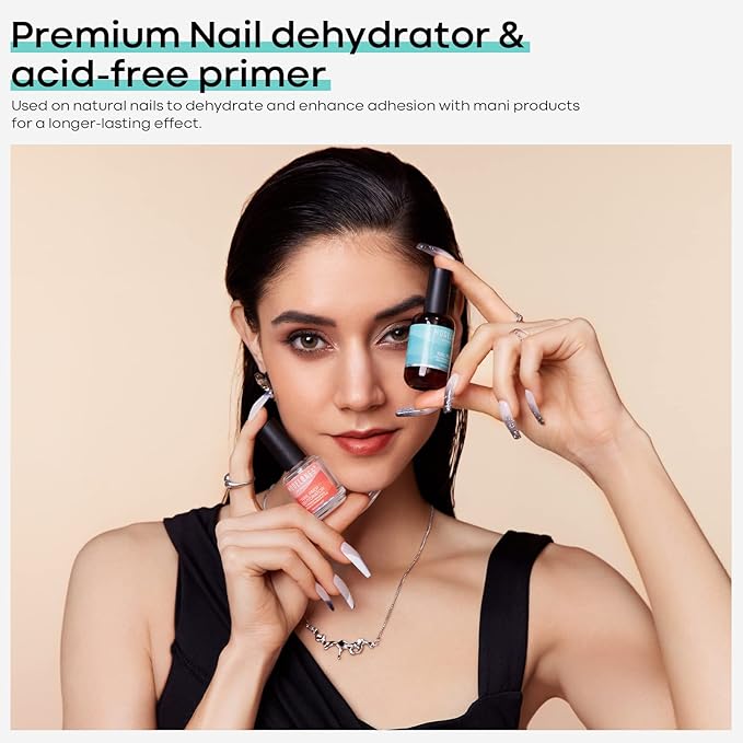 Modelones 4Pcs Nail Dehydrator and Primer, Acid Free Natural Nail Prep Dehydrate & Bond Primer, Bonding Primer for Acrylic Powder Nail Supplies