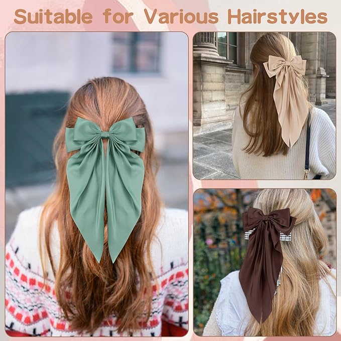 6 PCS Hair Bows for Women, Big Bow Hair Clips for Girls, Silky Satin Hair Bow Clips Oversized, Large Cute Aesthetic Hair Accessories Gifts Holiday Green Color