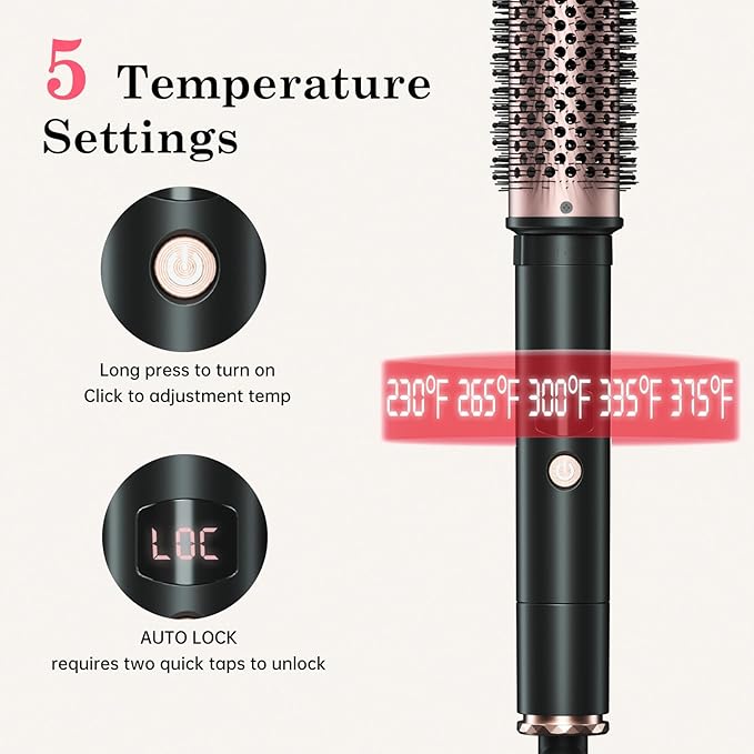 2in1 Negative Ion Thermal Brush -Heated Round Brush for Blow Out Look, Curling Iron 1 1/2 Inch& Curling Iron 1 3/4 Inch, 5 Temperature Settings,Dual Voltage