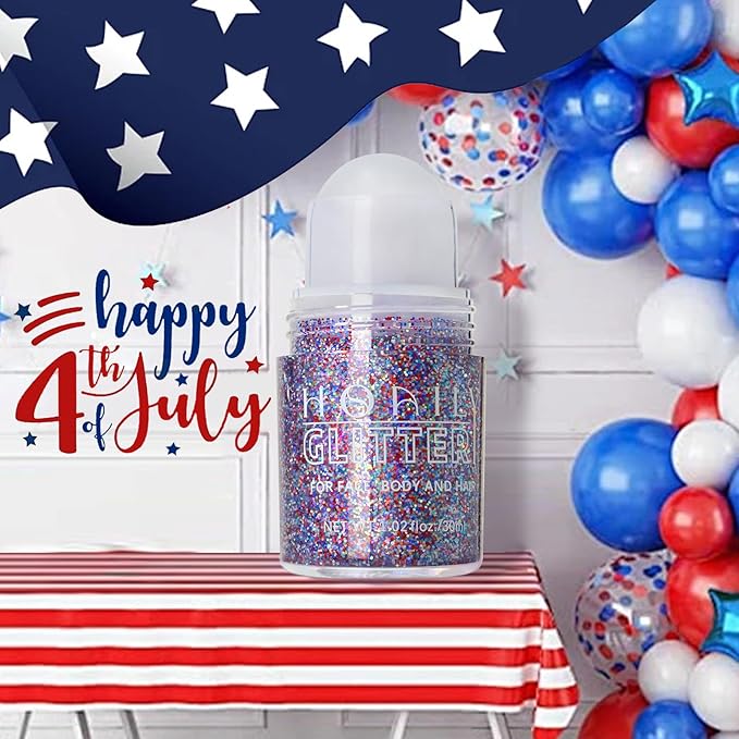 Red White and Blue Roll-on Body Glitter Gel, 4th of July Accessories Holographic Face Glitter Gel, Fourth of July Costume Makeup for Independence Day President's Day Patriotic Veterans Day