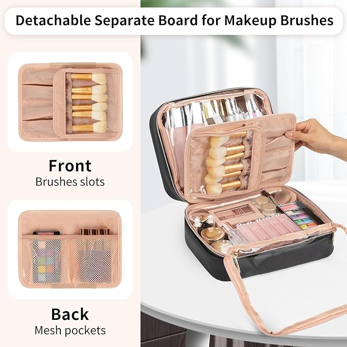 OCHEAL Makeup Bag, Makeup Travel Bag Large Capacity Waterproof Cosmetic Organizer Bag with Makeup Brush Compartment & Handle for Women Girls Travel Toiletry Accessories-Black
