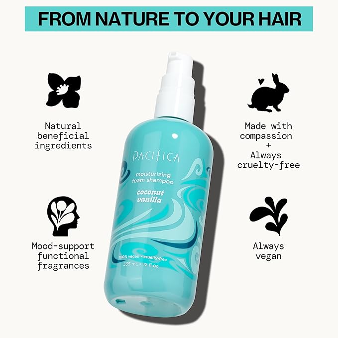 Pacifica Coconut Vanilla Moisturizing Foam Shampoo – Hydrating Foaming Shampoo for Dry, Dull or Damaged Hair, Lightweight Lather, Sulfate-Free Clean Beauty Vegan & Cruelty-Free Dermatologist Tested