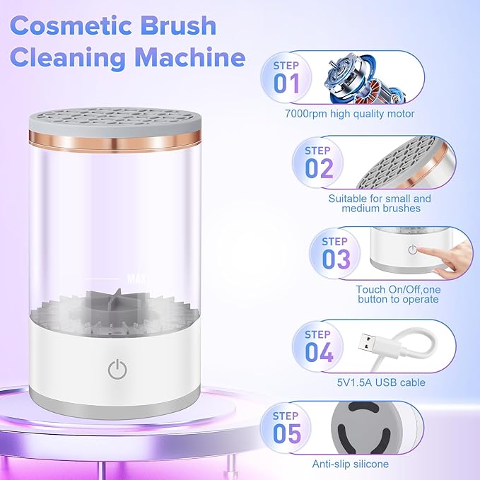 Electric Makeup Brush Cleaner Machine, 2 in 1 Cosmetic Brush Cleaner with Cleaner Mat, Automatic Spinning Washer Combined for All Size Makeup Brushes & Sponges, Beauty Cleaning Tool Gifts for Women