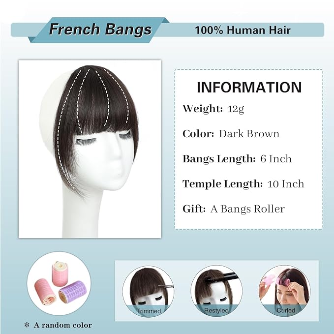 NAYOO Bangs Hair Clip - Dark Brown Fake Bangs 100% Real Human Hair Extensions French Bangs for Women Fringe with Temples Hairpieces Curved Bangs for Daily Wear(Dark Brown, Fake Bangs)