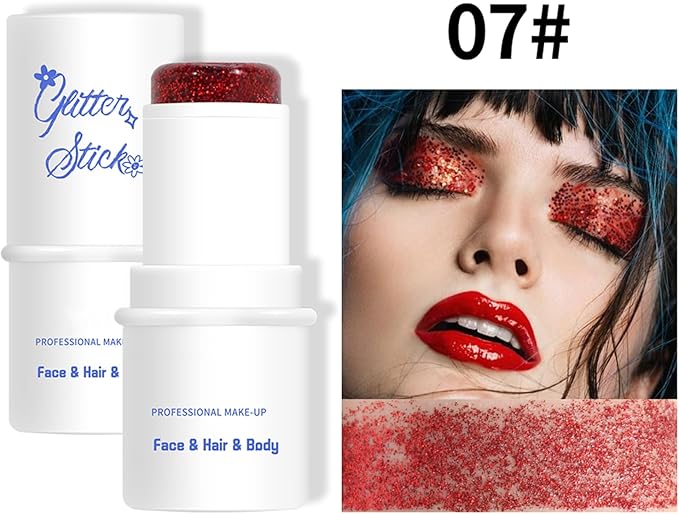 Body Glitter Stick, Chunky Glitter Gel for Face Body Hair, Red Glitter Face Glitter Gel Makeup, Sparkling Holographic Mermaid Sequins Paint, Waterproof Multiuse Glitter Face Paint, 07#Red