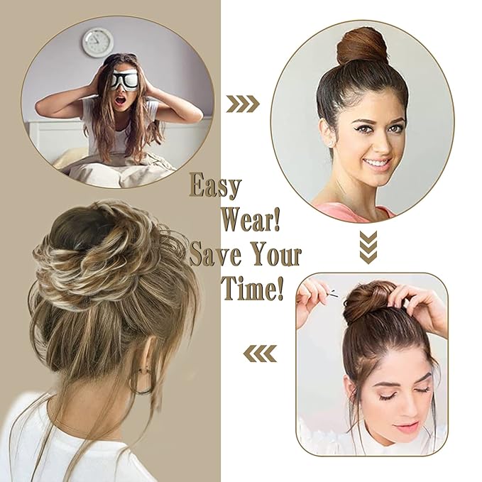 MORICA 1PCS Messy Hair Bun Hair Scrunchies Extension Curly Wavy Messy Bun Hair Synthetic Chignon Hairpieces for Women(12AH613(Light Golden Brown & Lightest Blonde))
