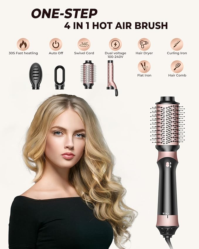 4 in 1 Hair Dryer Brush, Blow Dryer Brush for Hair Styling, Thermal Brush Hot Air Brush and Volumizer with Round Brush Blow Dryer, Hair Straightening Brush, Curling Brush, Hair Styling Tools