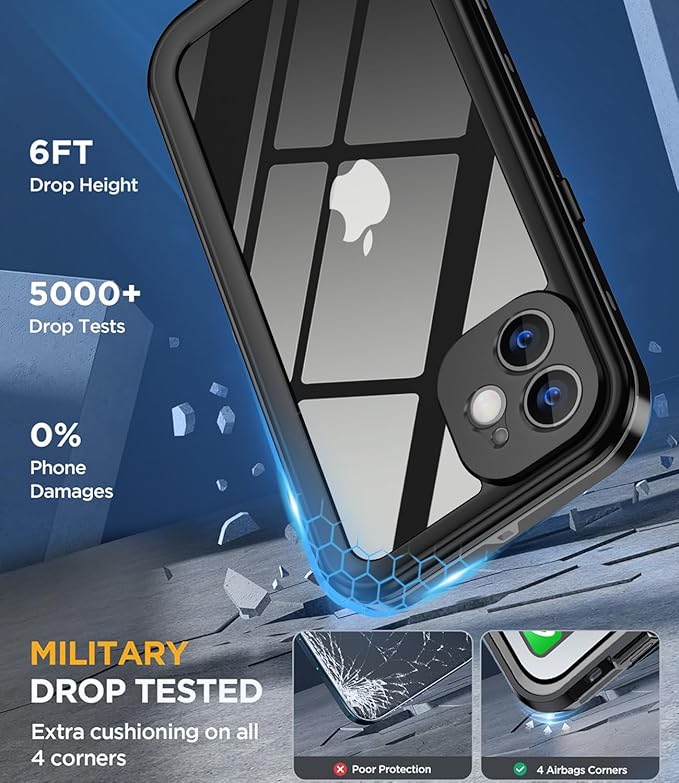 Design for iPhone 12 Case Waterproof, Full Body Underwater Dustproof Shockproof Case Built-in Screen Protector (Clear, 12-6.1)