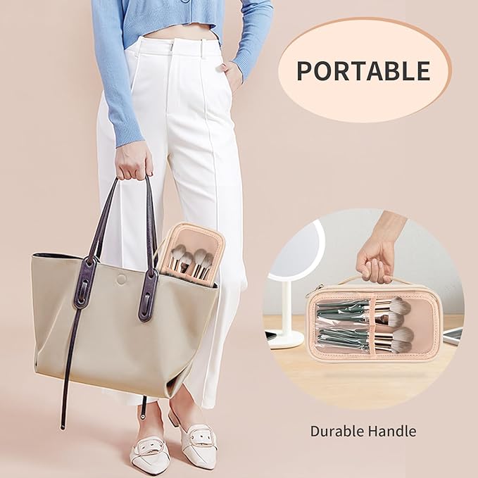 OCHEAL Clear Makeup Bag, Portable Makeup Storage Organizer Cosmetic Bag, Travel Makeup Bag Cute Clear Pouch For Women and Girls Cosmetics Bags with Divider Makeup Brush Compartment- Clear Beige