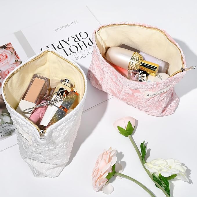 2 Pieces Flower Makeup Bag Large Floral Cosmetic Bag Capacity Canvas Travel Toiletry Bag Organizer Cute Makeup Brushes Aesthetic Accessories Storage Bag for Women, Flower L White Pink