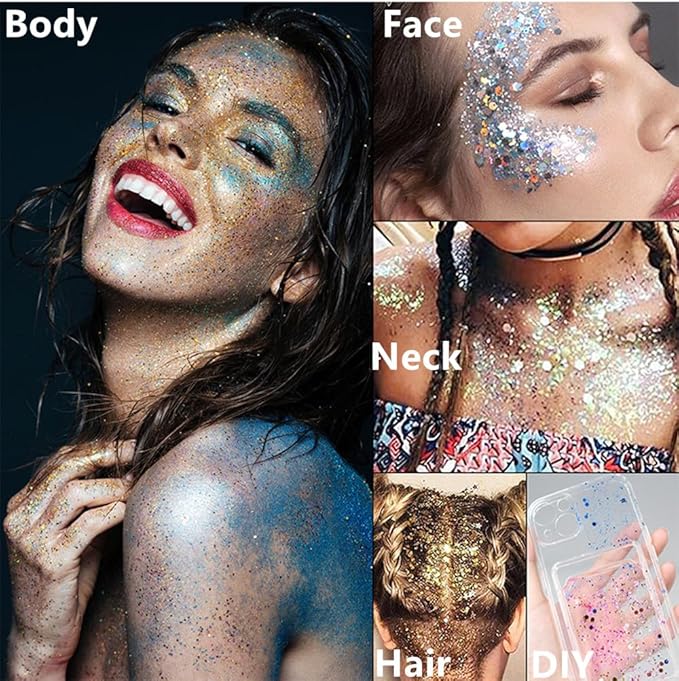 Go Ho Orange Face Body Glitter,Eye Black Sparkle Orange Face Paint Glitter Makeup,Holographic Chunky Sequins Glitters Gel for Eye Lip Hair Nails,Festival Rave Accessories,52g