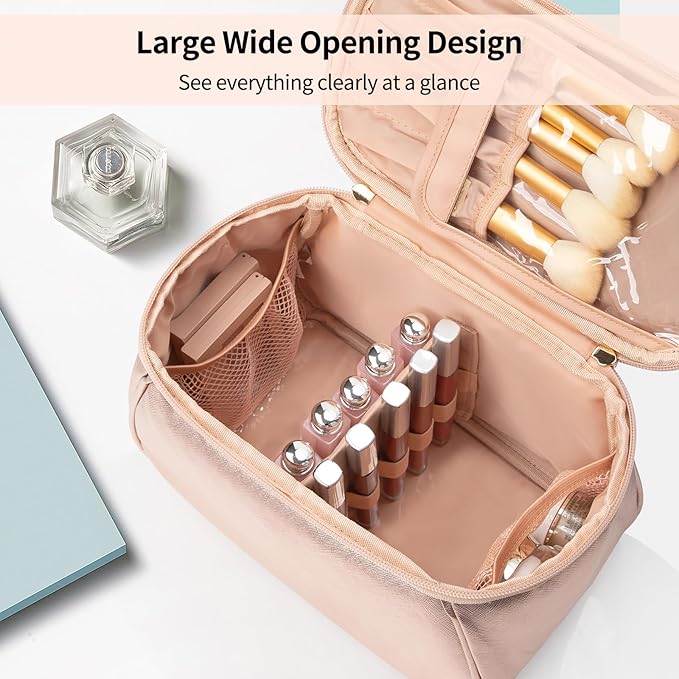 OCHEAL Large Makeup Bag, Makeup Bag Organizer Cosmetic Bags for Women Travel Travel Toiletry Bag Make Up Bag with Divider and Handle for Cosmetics Toiletries Brushes Tools Storage -Rose Gold