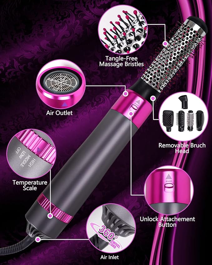 5 in 1 Hair Dryer Brush, Negative Ion Electric Hot Air Blow Dryer Brush Comb (black-red)
