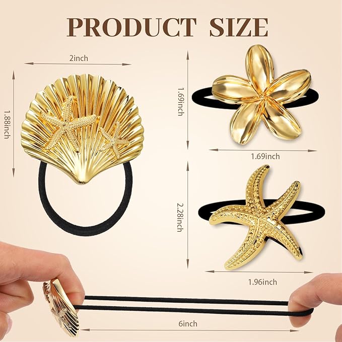 3PCS Gold Hair Ties, Metal Hair Ties for Thick Hair, Elegant Durable Geometric Design, Gold Hair Accessories Stretchy and Non-Damage Ponytail Holders, Ocean Pattern 3 Style