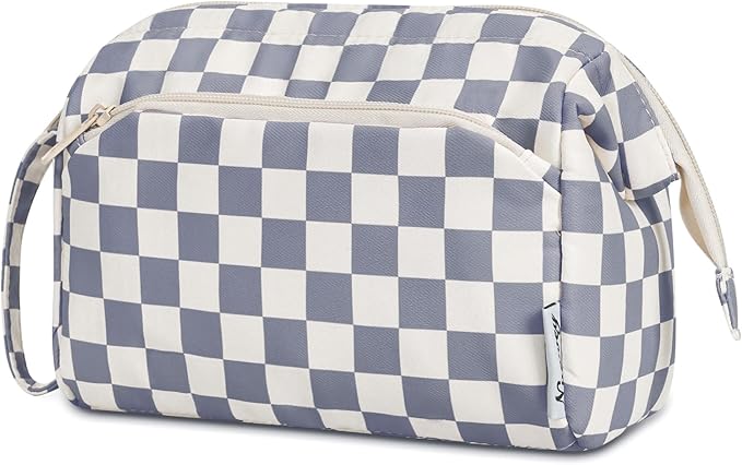 Narwey Checkered Makeup Bag Women Wide-open Make up Bag Travel Cosmetic Bag Organizer Toiletry Bag for Cosmetics Toiletries Accessories (Greyish Blue Checkerboard)