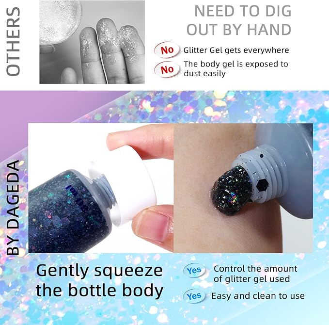 DAGEDA Body Glitter Gel, Face Glitters Body Gel Sequins Shimmer Liquid Eyeshadow, Chunky Glitter for Face Hair Nails, Holographic Cosmetic Laser Powder Festival Glitter Makeup 1.7oz (Black)