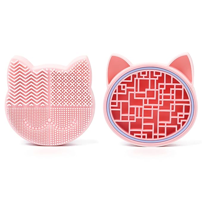 Silicon Makeup Brush Cleaner Mat with Portable Cat Shaped Cosmetic Brush Cleaner Pad - Pink