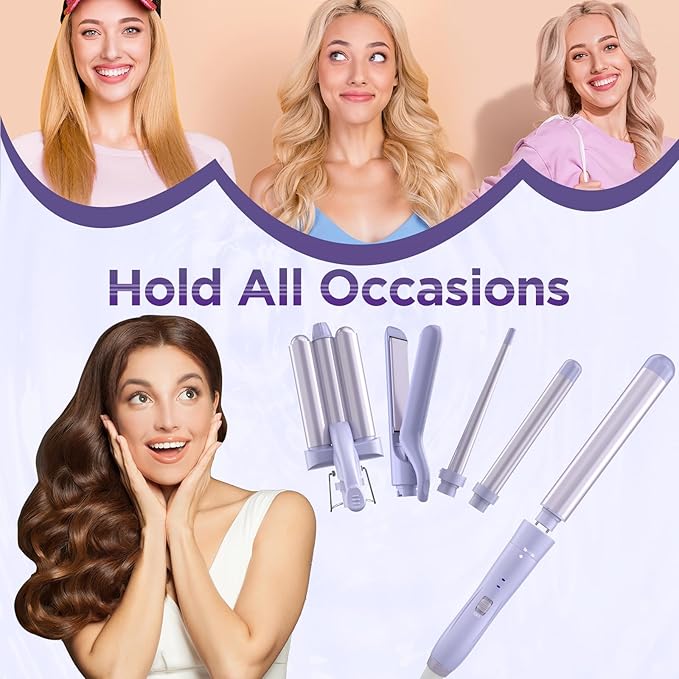 5 in 1 Wand Curling Iron-Curling Wand Set with Hair Straightener, 3 Barrels Hair Crimper Iron, 3 Ceramic Curling Irons (0.35 "-1.25"), 2 Temps Fast Heat Hair Curler Waver with Glove & Clip-Purple
