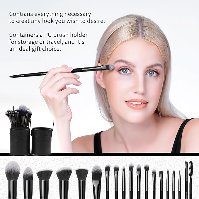 18pcs Makeup Brush Set with Case Dense Synthetic Fiber Premium Metal Ferrule Wood Handle Brushes Includes Powder Foundation Blush Eyeshadow Kit Professional Make up Tools for Women(Black)