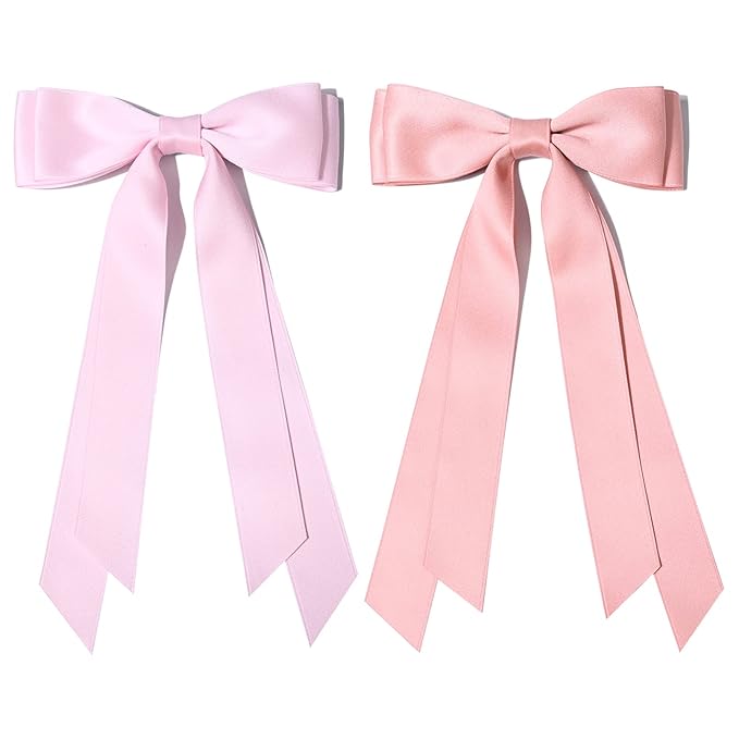 2PCS Silky Satin Hair Bows Hair Clip Pink Hair Ribbon Ponytail Holder Accessories Slides Metal Clips Hair Bow for Women Girls Toddlers Teens Kids