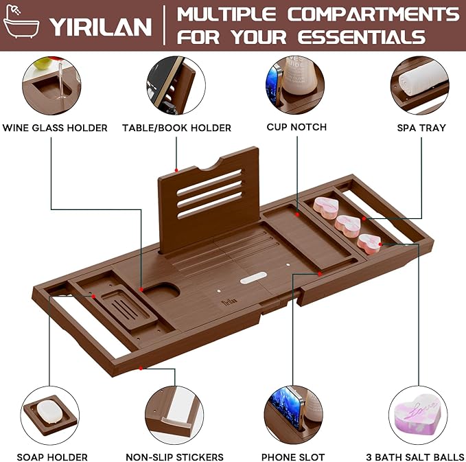Yirilan Bathtub Caddy Tray, Foldable Bathroom Tray with Extending Side, and Waterproof Fabric Bookshelf, Luxury Bath Tray -Brown