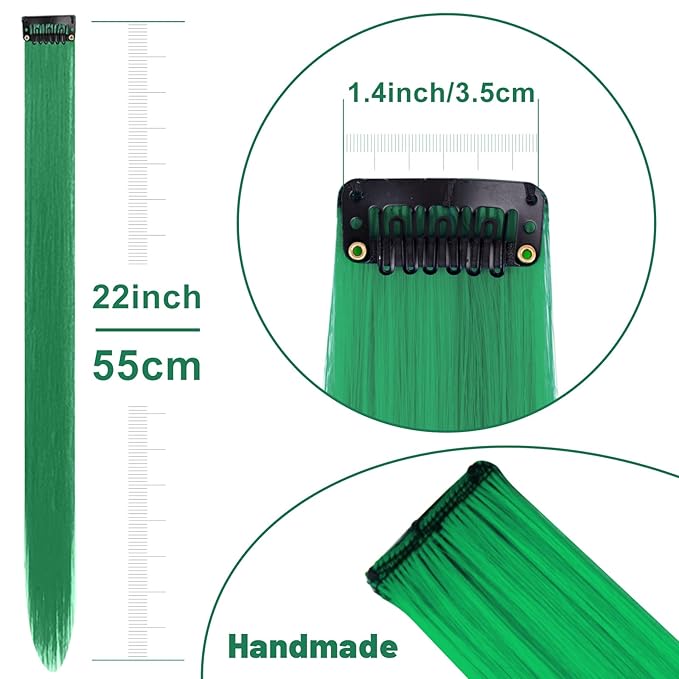 22 inch Colored Hair Extensions, Colorful Party Highlights Clip in Synthetic Hair Extensions, Color Long Straight Hairpieces for Girls Women Kids Favor Gift(10 PCS Dark Green)