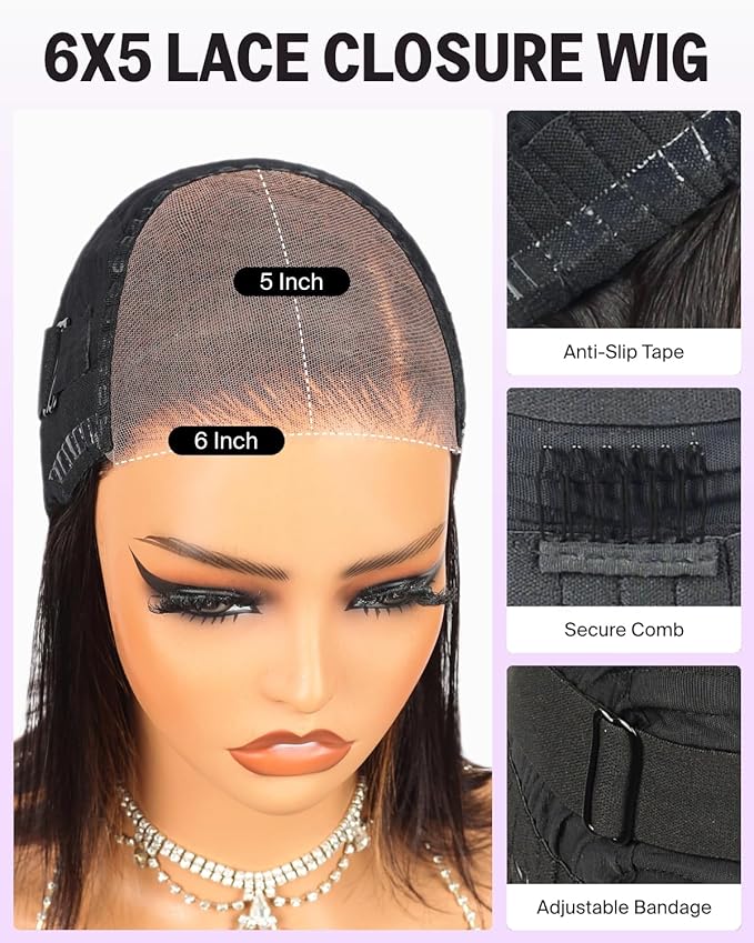 6x5 Highlight Bob Wig Human Hair Glueless Pre Cut HD Lace Closure Bob Wig 220% Density Wear and Go Glueless Wig Pre Plucked Ombre Wig Bleached Tiny Knots 12 Inch 1BP30