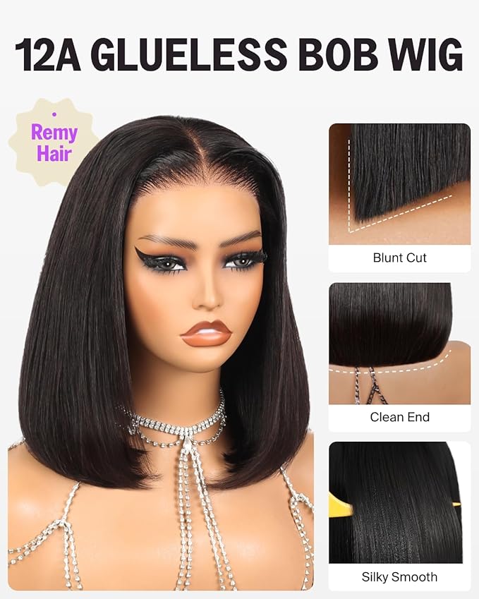 12A Bob Wig Human Hair Glueless Wigs Human Hair Pre Plucked Pre Cut Lace 6x5 HD Closure Wig Straight Short Bob Wigs Bleached Tiny Knots Bob Wig 10 Inch
