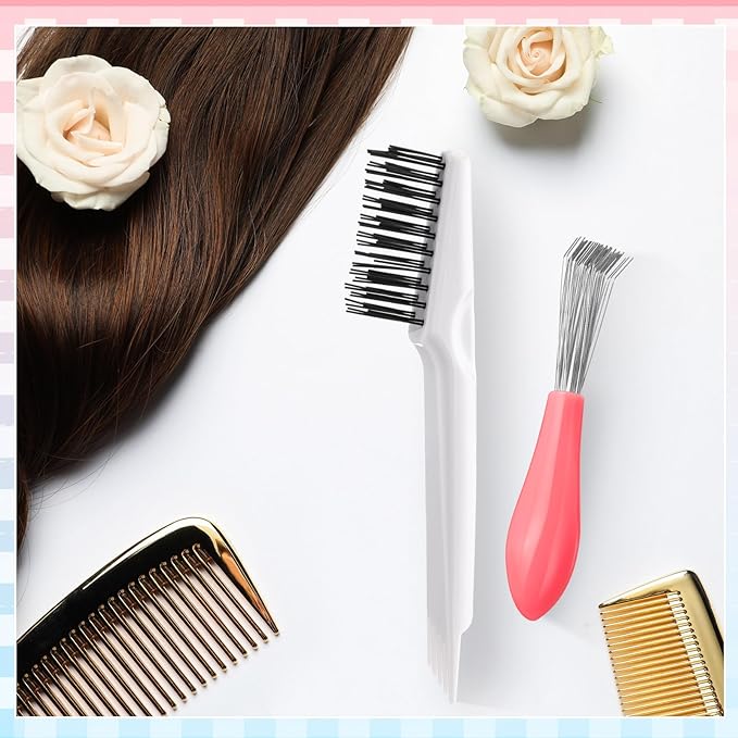 Boao 2 Pieces Hair Brush Cleaning Tool Comb Set 2-in-1 Mini Hair Brush Dirt Remover with Metal Wire Rake for Removing Dust Home and Salon Use(Pink and White)