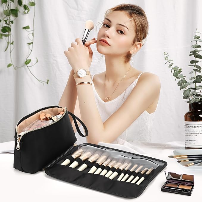 OCHEAL Makeup Brush Holder and Makeup Bag 2 in 1,Makeup Pouch with Brush Organizer,Travel Makeup Brushes Bag Cosmetic Bags for Women Portable Roll-up Makeup Case -Black