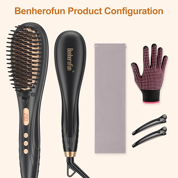 Hair Straightener Brush, Hair Straightener Comb Straightening Brush for Women with 16 Temps, 20s Fast Heating & Anti-Scald