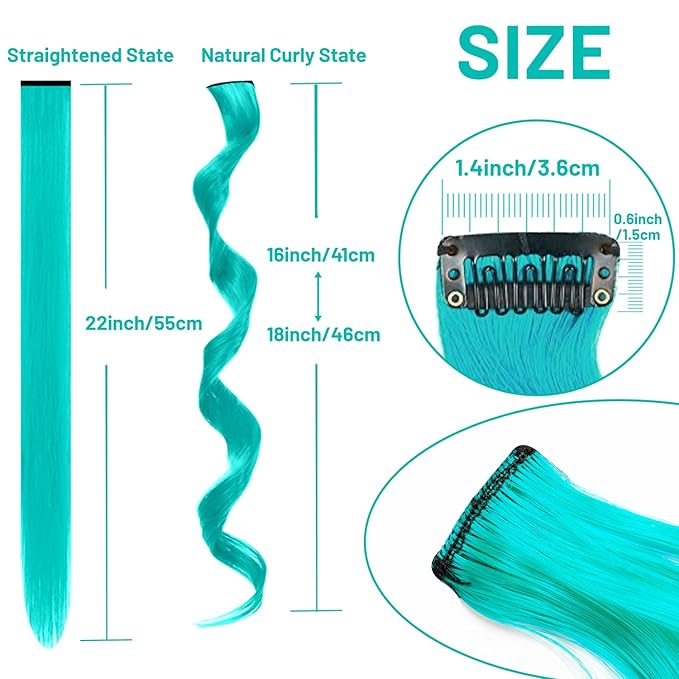 16 Pcs Colored Hair Extensions Curly Wavy Clip in Synthetic Hair Extensions,Colorful Party Highlights Hairpiece Streak for Girls Women Kids(Teal Blue)