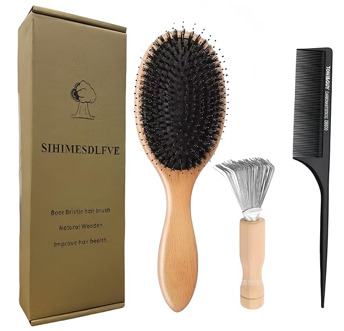 Paddle Hair Brush with Boar Bristles for All Hair Types, Professional Styling Brush for Men, Women (Brown)