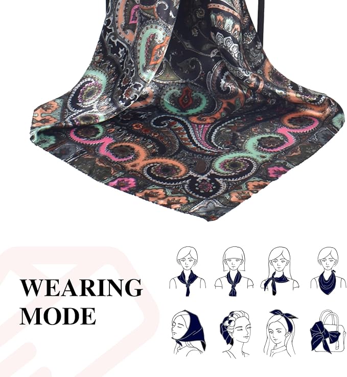35 x 35 Women's Fashion Pattern Large Square Silk Like Hair Scarf Head Sleeping Wrap Satin Neck Bandana for Gift…