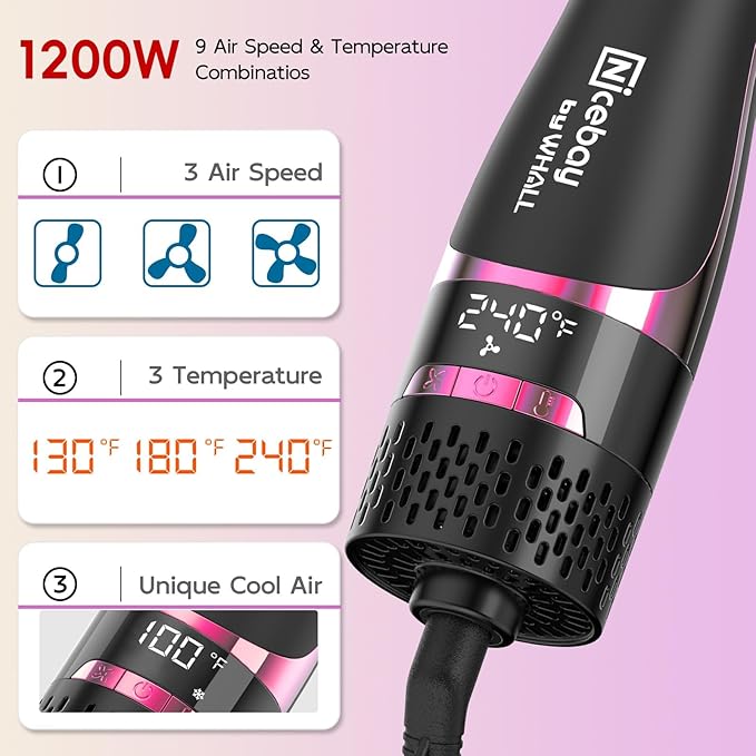 Nicebay Hair Dryer Brush, Hot Tools Blow Dryer Brush for Women, One Step Blowout Brush with Display Screen, Oval Ceramic Barrel, Negative Ion