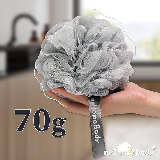 myHomeBody Large 70g Loofah Sponge, Body Scrubber, Bath Sponge, Loofah for Women, Men, Exfoliating Sponge Shower Pouf with Activated Charcoal - 2 Fog Gray + 1 Midnight Blue, 3 Pack