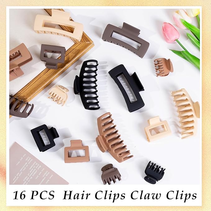 16 PCS 4.4" Large Hair Clips,Claw Clips,FDBJulyy Hair Clips for Women & Girls,4 Styles 4 Colors 16 Pack Strong Hold Matte Claw Hair Clip for Women Thick Hair & Thin Hair, 90's Vintage