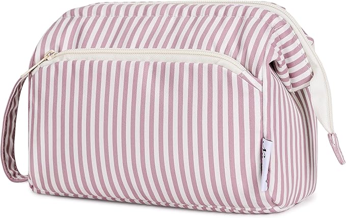 Narwey Striped Makeup Bag Women Wide-open Make up Bag Travel Cosmetic Bag Organizer Toiletry Bag for Cosmetics Toiletries Accessories (Dusty Rose Stripe)