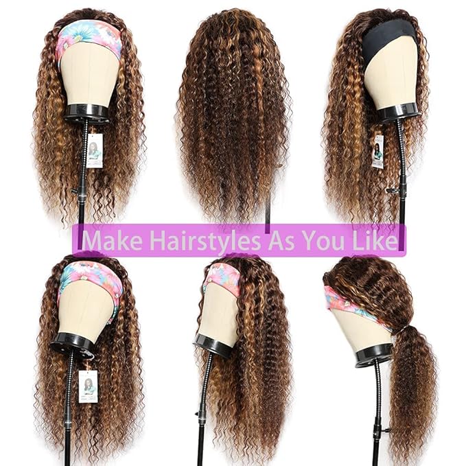 Ombre Wig Honey Blonde Wig 4/27 Highglight Wig Headband Wig Human Hair Deep Wave Headband Wig Curly Wig Colored Wigs 20 Inches