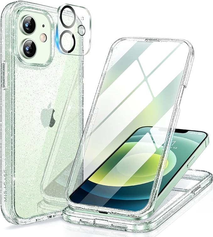 Miracase Glass Series for iPhone 12/12 Pro - Full-Body Rugged Protective Case with Built-in 9H Tempered Glass Screen Protector and Camera Lens Protector - Glitter Clear